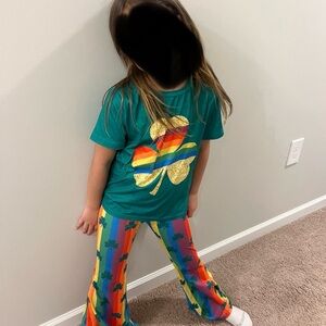 Green Shamrock Rainbow Kids Tee & Rainbow Shamrock Pants Set